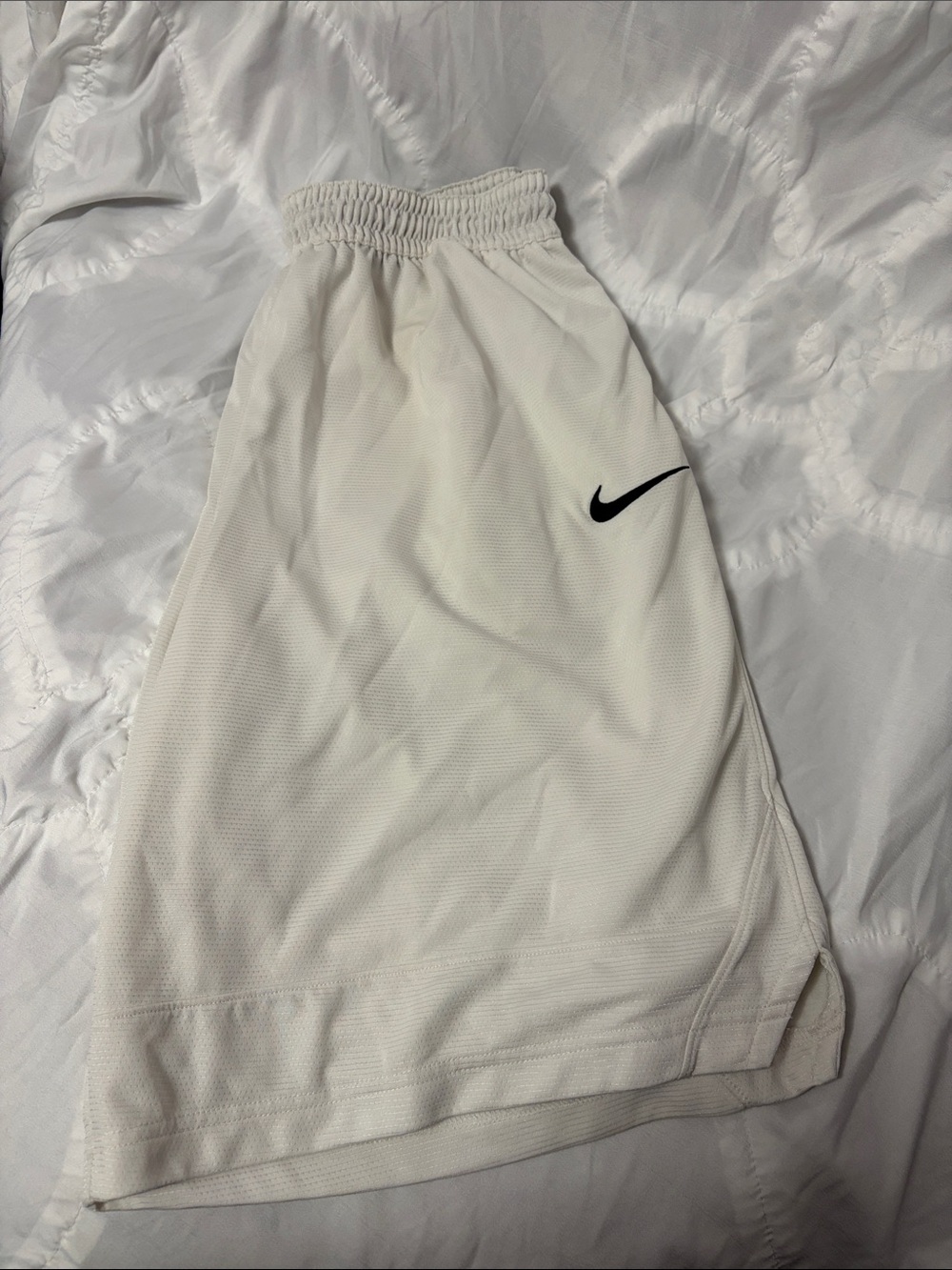 Nike White mens Athletic Shorts with Black Swoosh